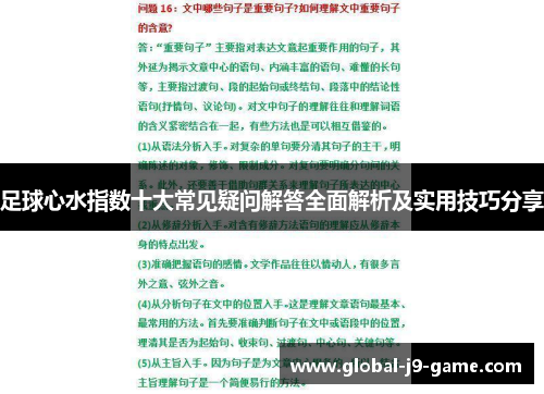 足球心水指数十大常见疑问解答全面解析及实用技巧分享 足球心水指数十大常见疑问解答全面解析及实用技巧分享