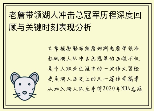 老詹带领湖人冲击总冠军历程深度回顾与关键时刻表现分析