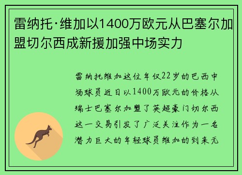 雷纳托·维加以1400万欧元从巴塞尔加盟切尔西成新援加强中场实力 雷纳托·维加以1400万欧元从巴塞尔加盟切尔西成新援加强中场实力